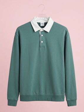 Zara Teal Long-Sleeve Polo with White Collar